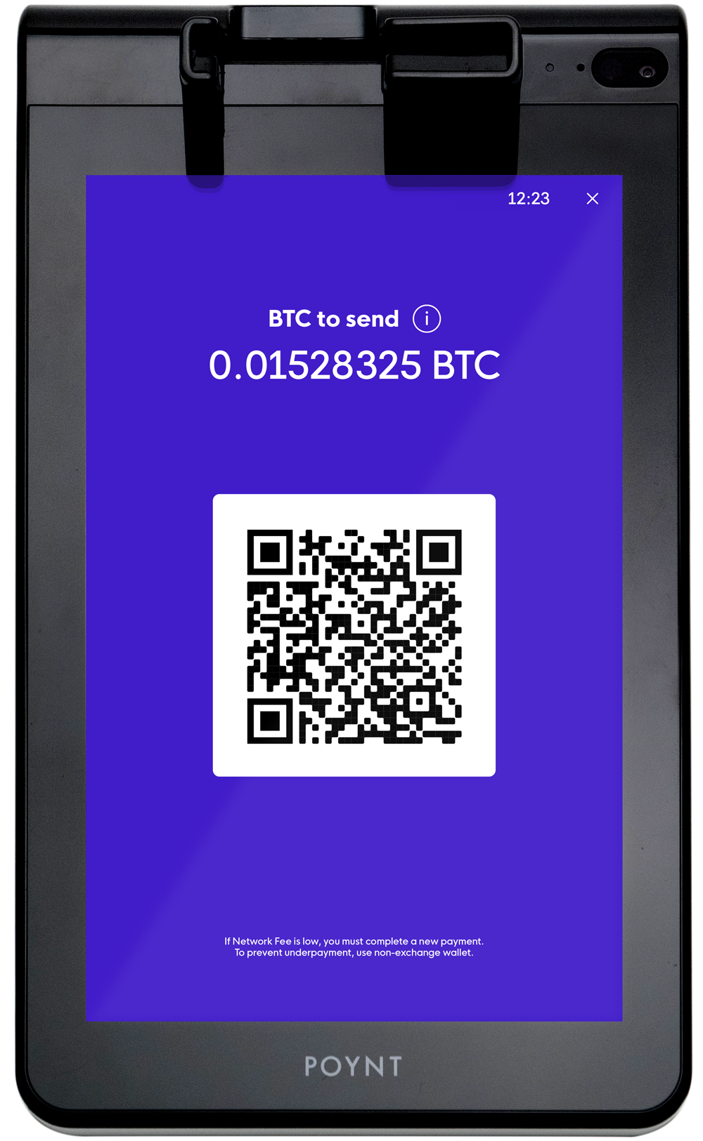 Illustration of a POYNT terminal displaying the QR code for a bitcoin transaction.